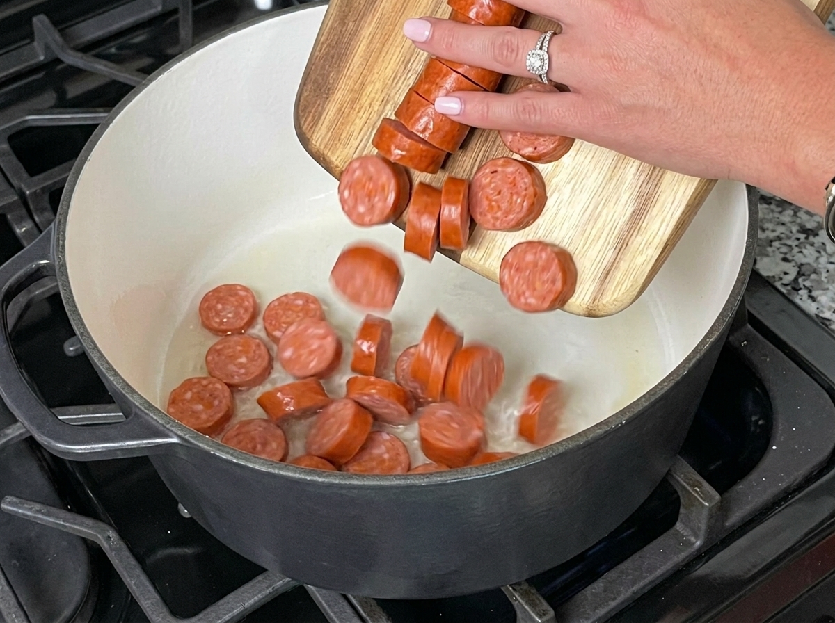 달궈진 냄비의 녹은 지방 속으로 나무 도마에서 썰어놓은 앤두이 소시지를 넣는 모습.