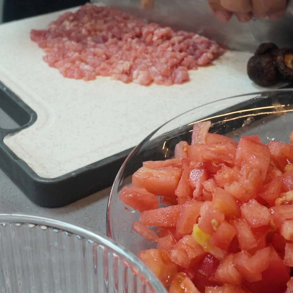 도마 위에서 식칼로 곱게 다져지고 있는 고기.