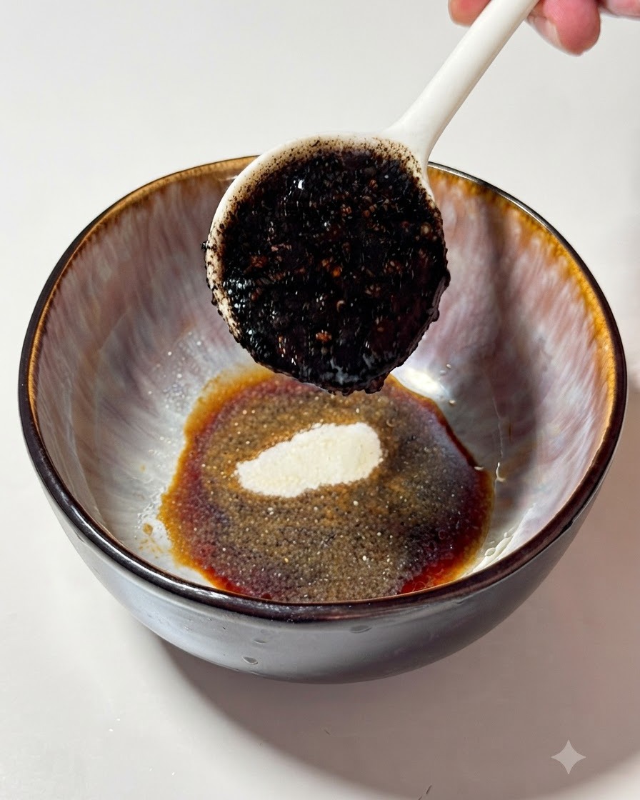 맛간장, 마늘 가루, 돈코츠 육수가 담긴 그릇에 진한 흑마늘 기름을 숟가락으로 붓는 모습.