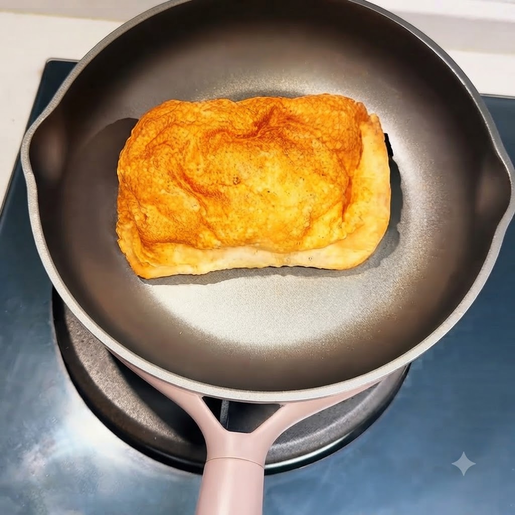 스토브 위 프라이팬 안에 놓여 있는 치아바타 빵 한 조각.