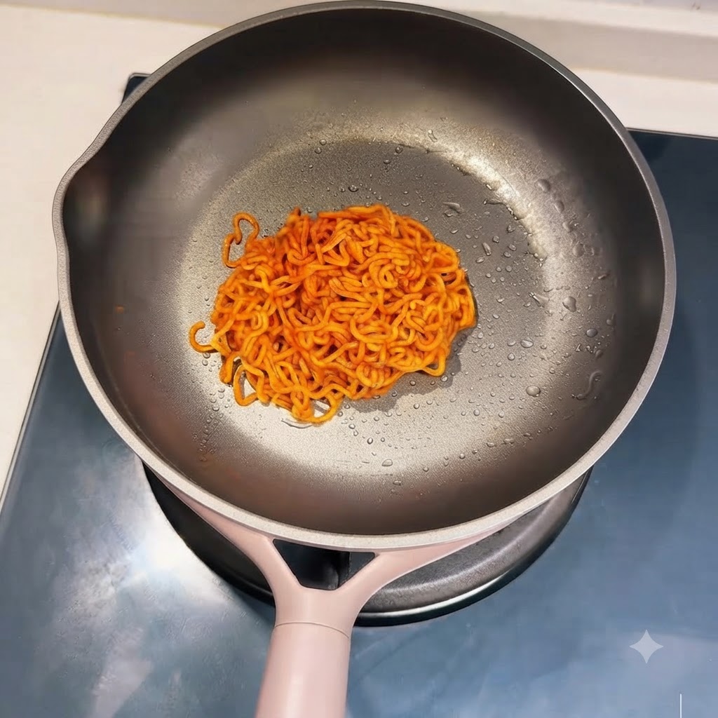 프라이팬에 고르게 펼쳐진 매콤한 빨간 면 한 그릇.