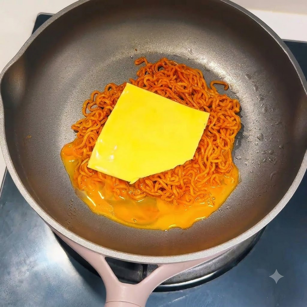 프라이팬의 조리된 면 위에 올려진 노란 치즈 한 조각.