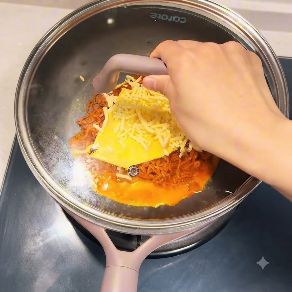 스토브 위에서 치즈를 녹이기 위해 유리 뚜껑이 덮인 프라이팬.