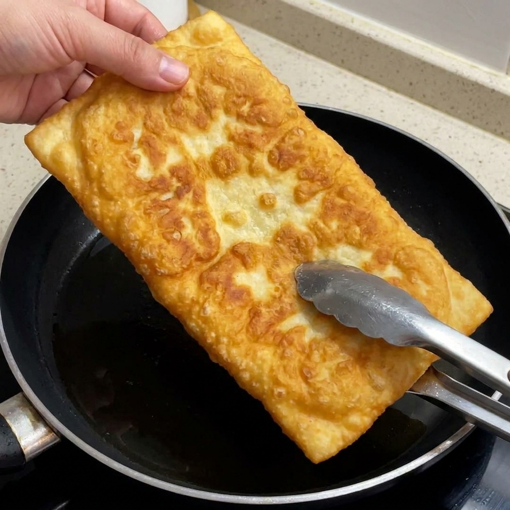 주방 가사로 노릇하게 구워진 치아바타 빵을 잘라내는 모습.
