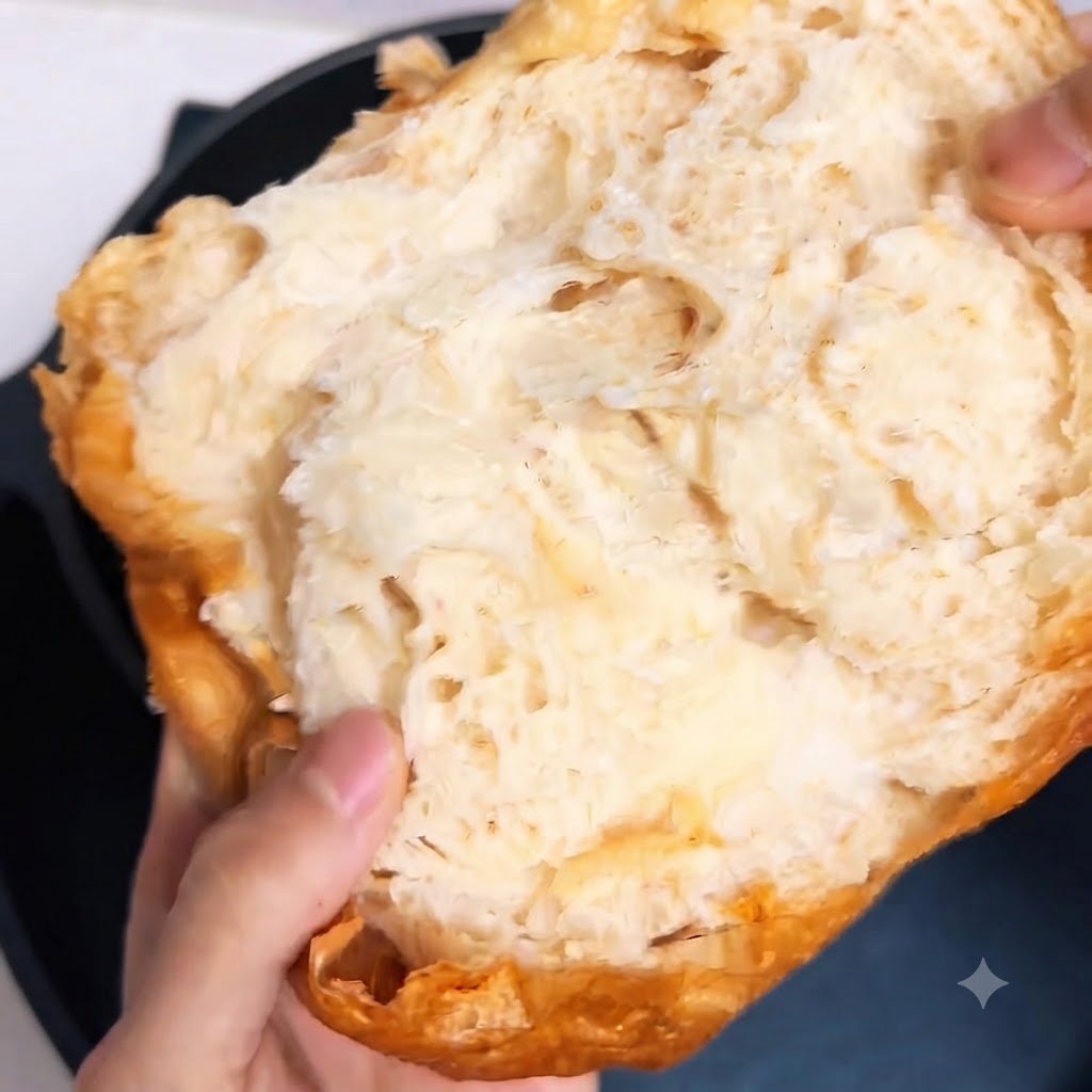 하얀 접시 위의 잘라낸 치아바타 빵 속으로 초록 상추 잎이 끼워지는 모습.