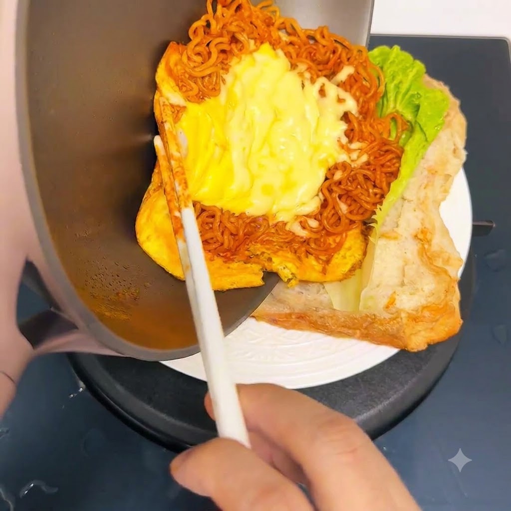 프라이팬에서 치즈 면과 계란이 치아바타 샌드위치 속으로 미끄러져 들어가는 모습.