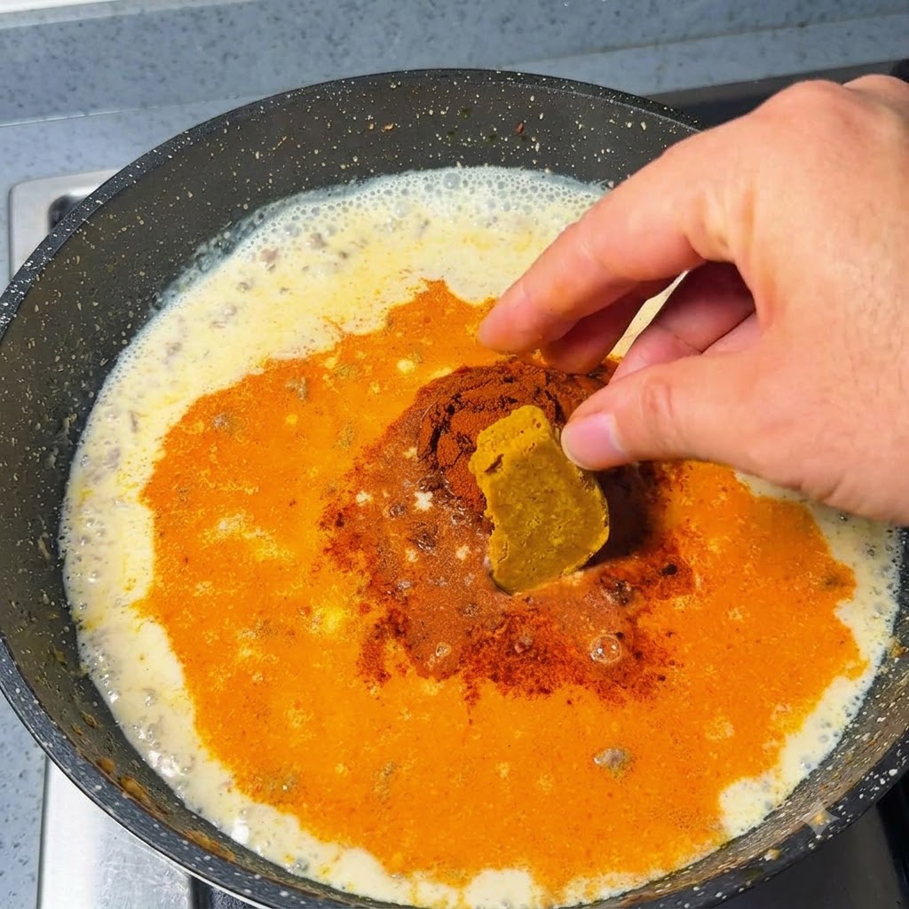 팬 안에서 끓고 있는 액체 위에 손으로 카레 블록과 가루를 올리는 모습.