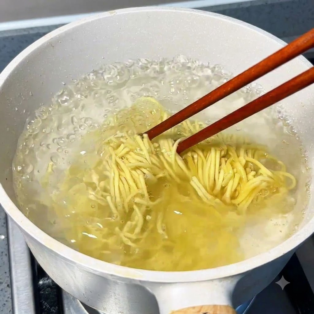 팔팔 끓는 물 냄비에서 나무젓가락으로 가닥을 풀며 익혀지는 일본 라면 면의 모습.