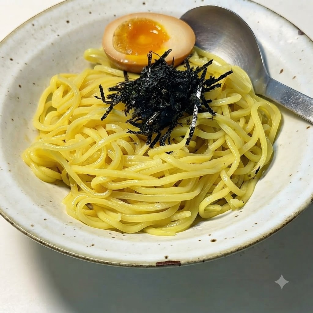 고명으로 얹어진 라면 면발 위에 반으로 자른 반숙란을 배치하는 모습.