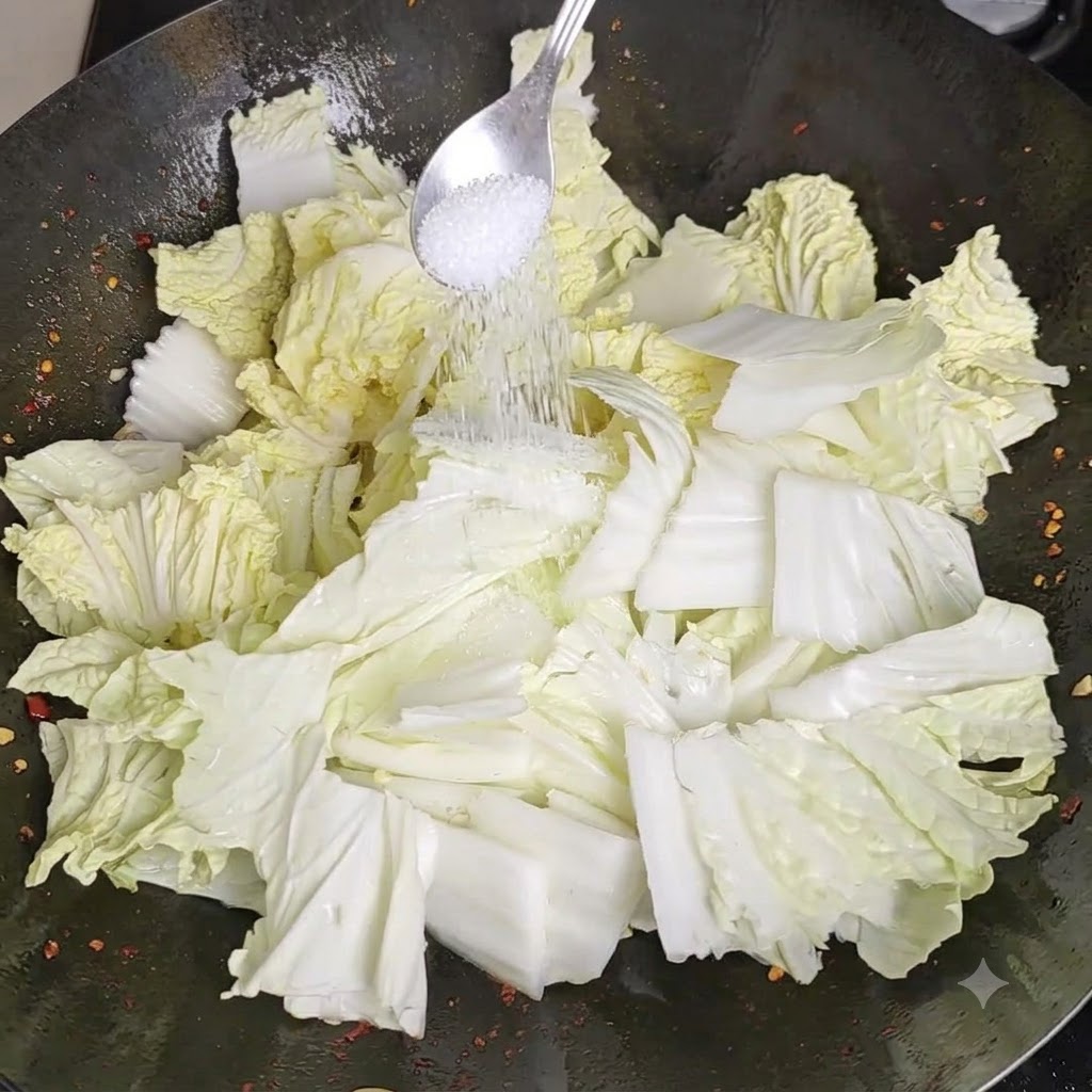 숟가락을 이용해 웍의 재료 위에 치킨 스톡 가루를 솔솔 뿌리는 모습.