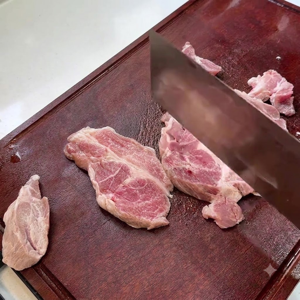나무 도마 위에서 칼등으로 두드려지고 있는 돼지고기 등심 슬라이스.