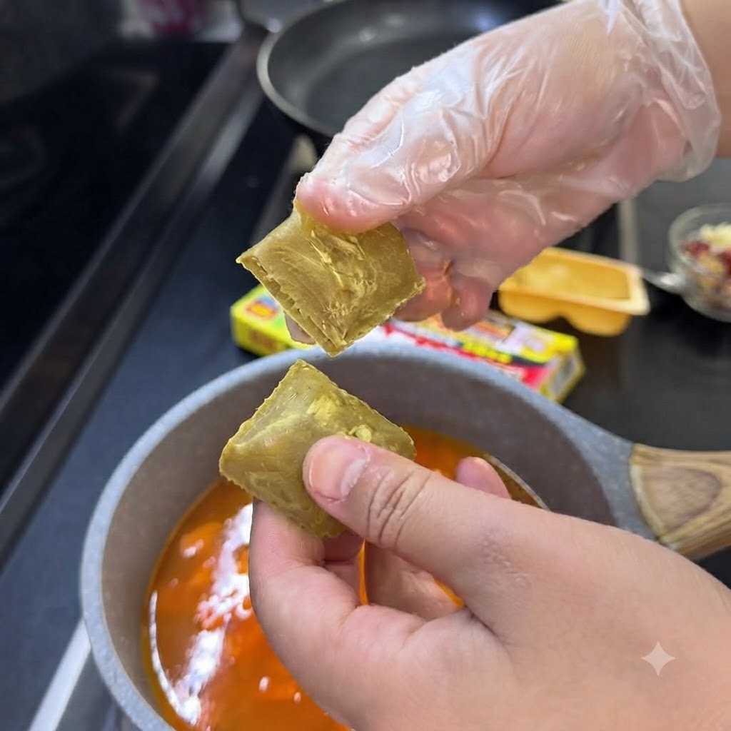 채소와 육수가 끓고 있는 냄비 속으로 떨어지는 두 개의 카레 루 블록.