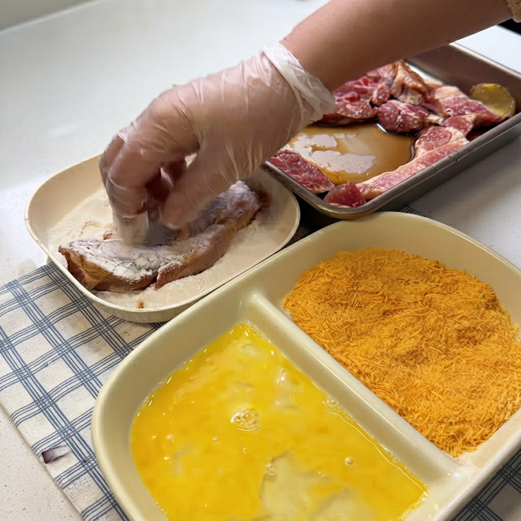 계란물과 빵가루 볼 옆에서 장갑 낀 손으로 돼지고기 조각에 밀가루를 묻히고 있는 모습.
