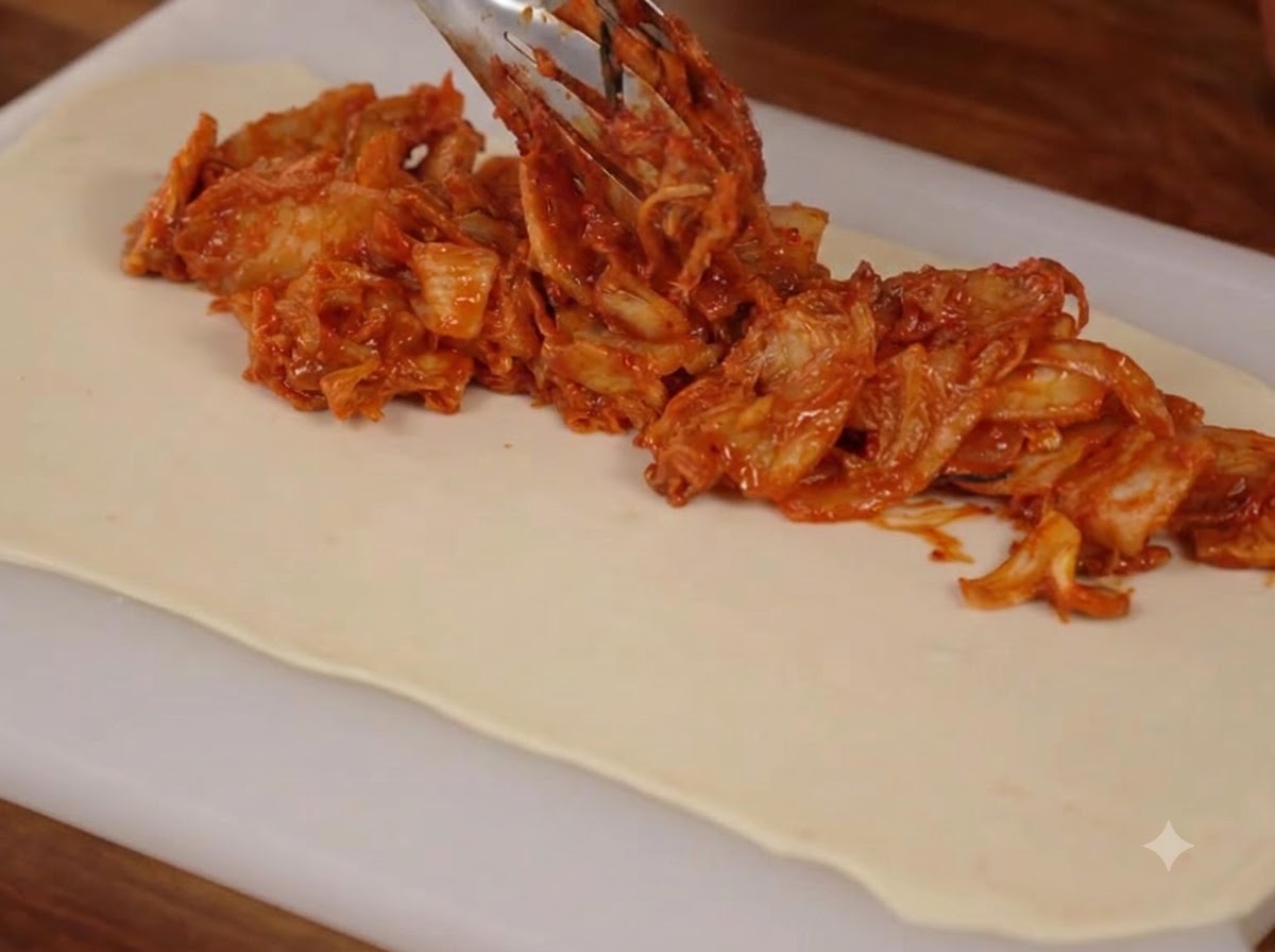 하얀 도마 위에 펼쳐진 직사각형 반죽 시트 중앙에 조리된 김치와 돼지고기 필링을 스푼으로 얹는 모습.