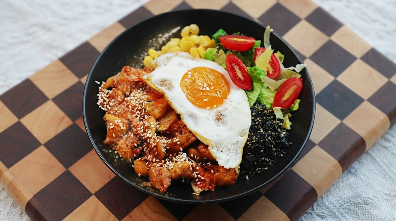 한국식 김치 닭고기 깍둑썰기 비빔밥