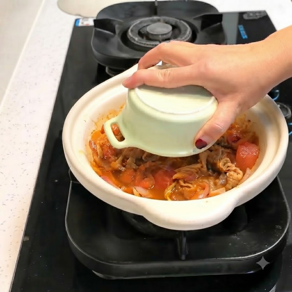 맛있게 볶아진 소고기와 김치 요리 중앙에 밥그릇을 뒤집어 밥을 통째로 얹는 모습.