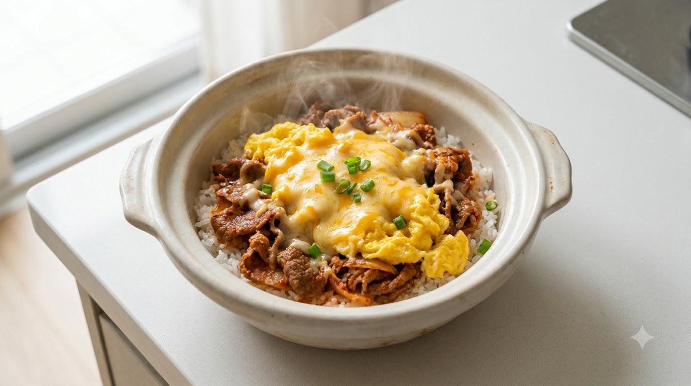 10분 김치 소고기 덮밥과 부드러운 스크램블 에그