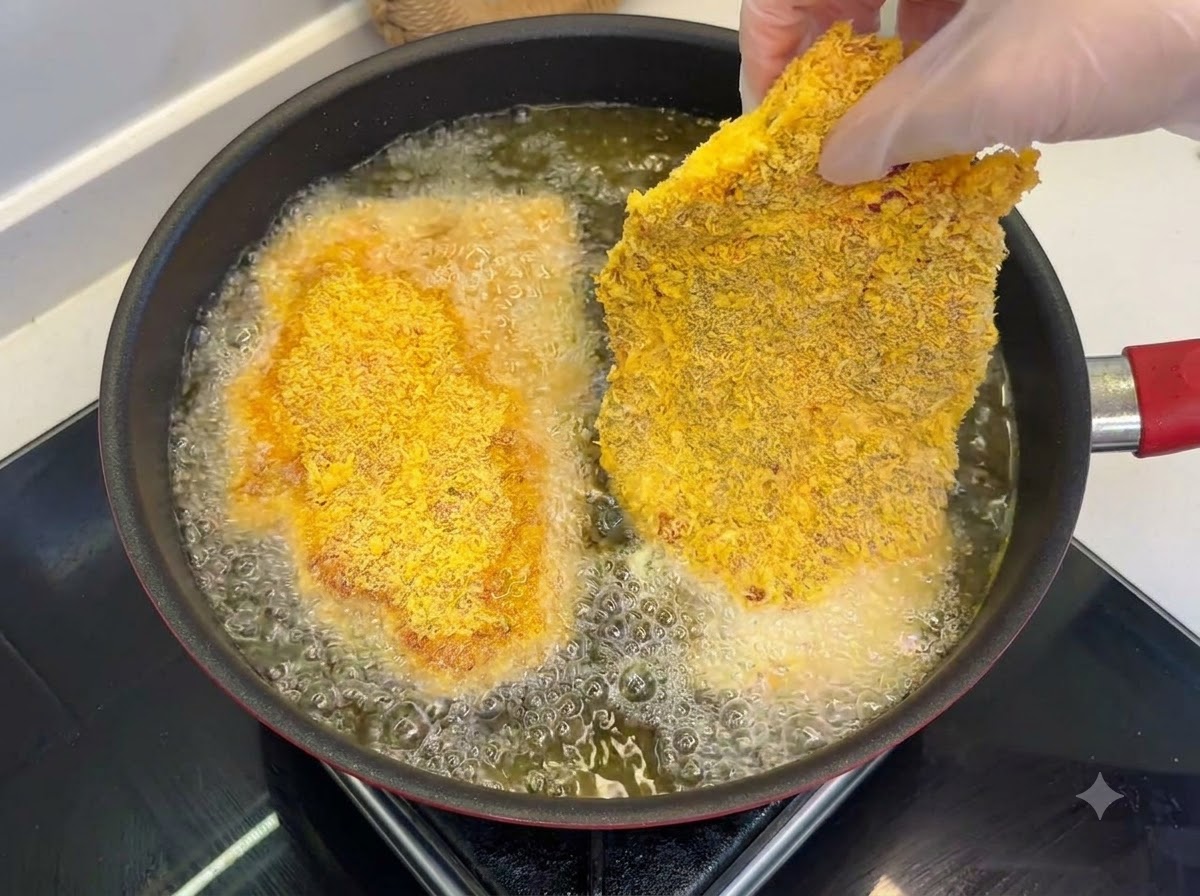 표면이 노릇노릇하고 바삭하게 튀겨지는 뜨거운 기름 팬 속의 빵가루 입힌 돈카츠