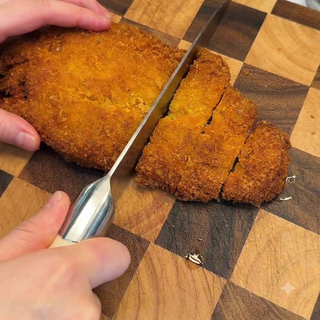 도마 위에서 칼로 바삭하고 노릇하게 익은 돈카츠를 두툼한 조각으로 써는 모습