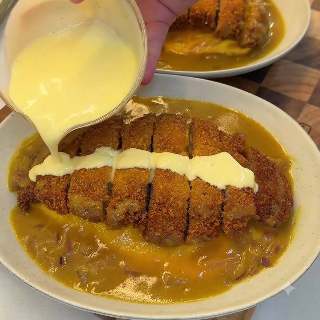 크리미한 코코넛 치즈 소스를 얹은 코코넛 커리 돈카츠 덮밥 그릇에 소스가 뿌려지는 모습