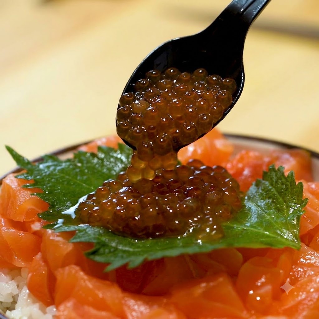 검은색 숟가락으로 시소 잎과 연어 위에 연어알을 듬뿍 붓는 모습.
