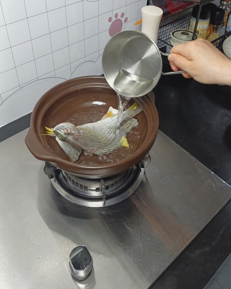 금속 용기에 담긴 물을 생선이 든 뚝배기에 붓는 모습.