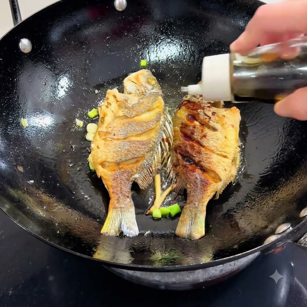 팬프라이된 생선과 쪽파가 담긴 웍에 병에서 간장을 붓고 있는 모습.