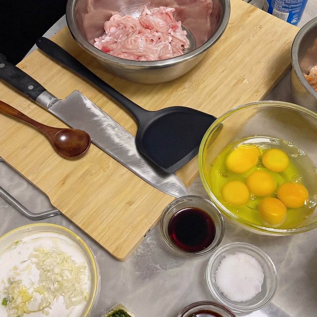 간장, 마늘, 향신료와 섞인 스테인리스 볼 안의 저지방 돼지고기 슬라이스.