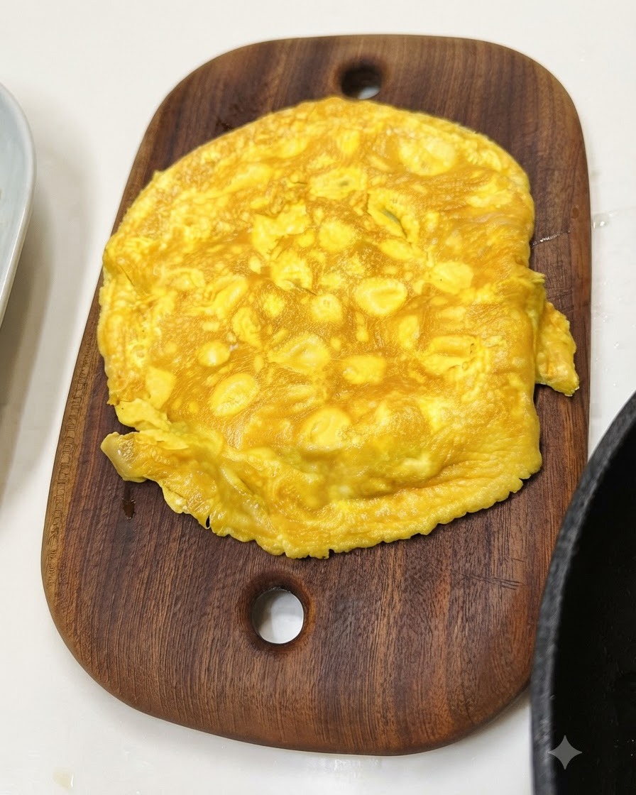 타원형 나무 도마 위에 올려진 익은 노란 달걀지단.