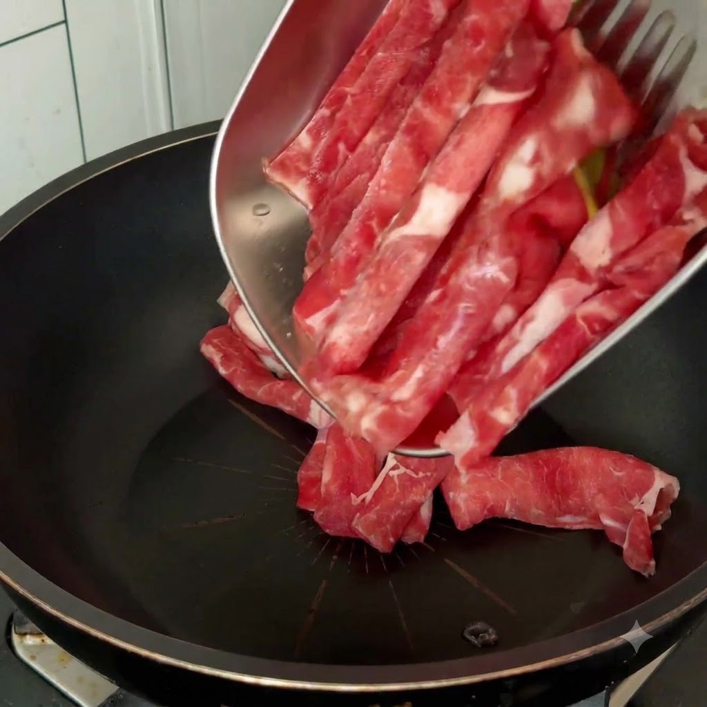 조리도구와 함께 메탈 트레이에 담긴 생고기 슬라이스가 검은색 팬으로 부어지는 모습.