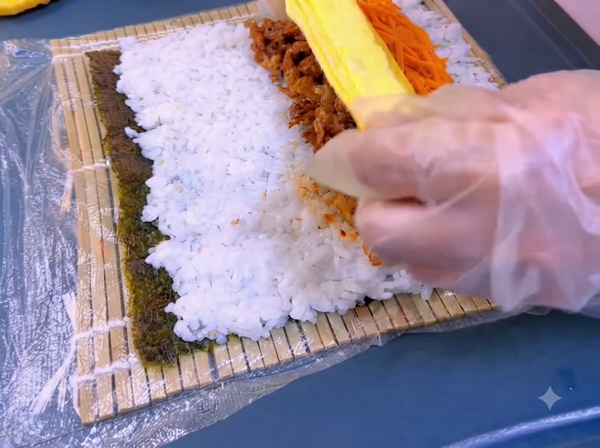 김밥 속 재료인 당근과 소고기 위에 노란 계란 지단이 놓여지는 모습.
