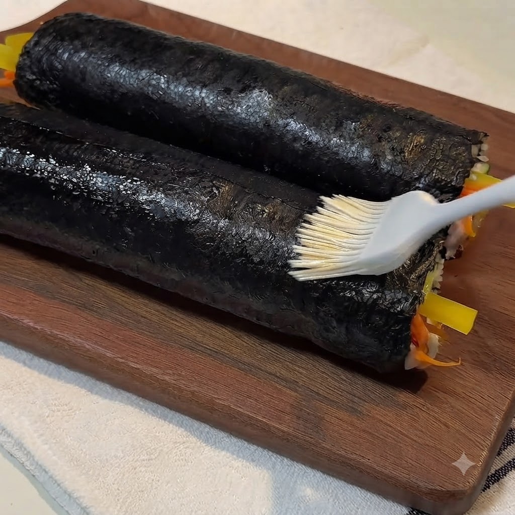 나무 도마 위에 놓인 완성된 두 줄의 김밥 표면에 실리콘 브러시로 참기름을 바르는 모습.