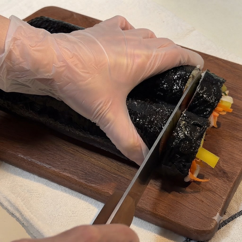 나무 도마 위에서 날카로운 칼로 길게 말린 김밥을 한 입 크기로 썰고 있는 모습.