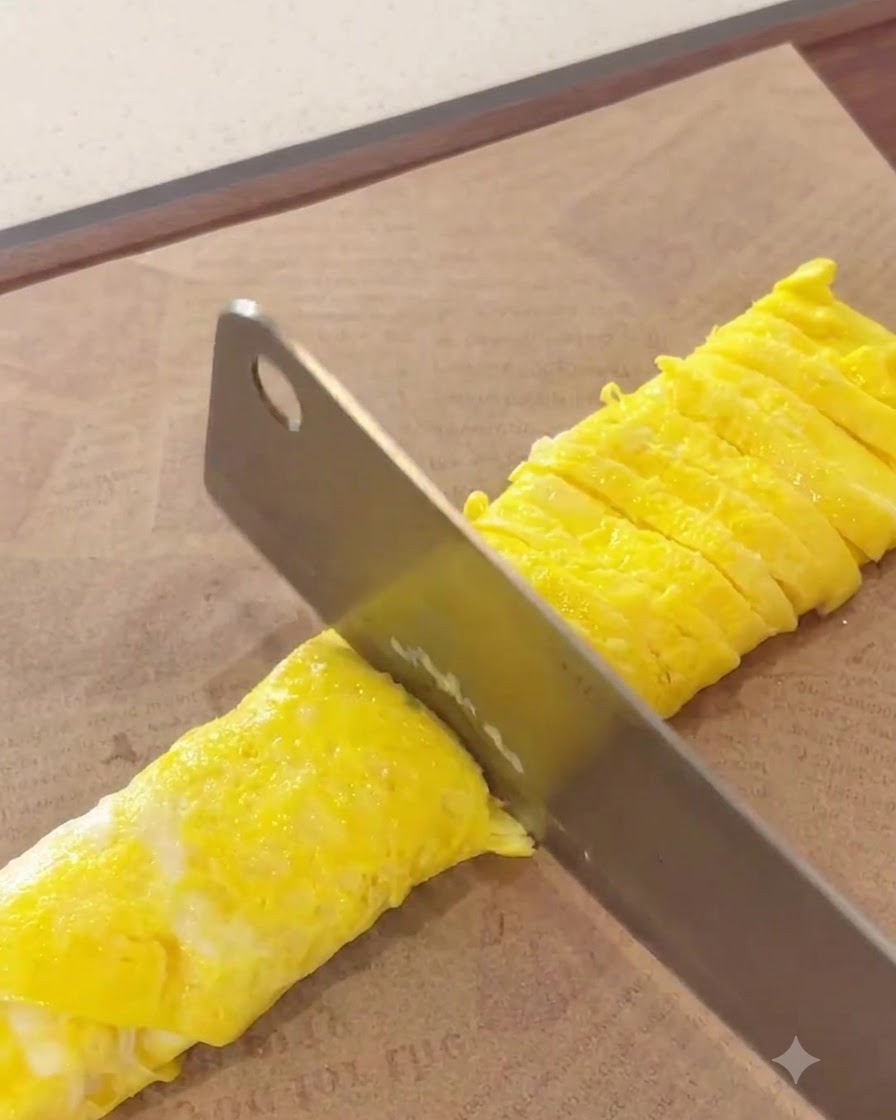 도마 위에서 돌돌 만 달걀 지단을 얇게 채 써는 모습