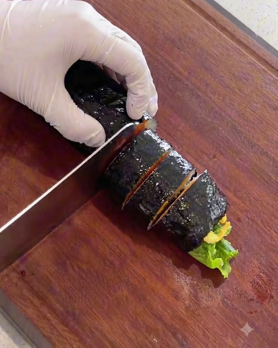나무 도마 위에서 참기름을 바른 김밥을 예쁜 한 입 크기로 써는 모습