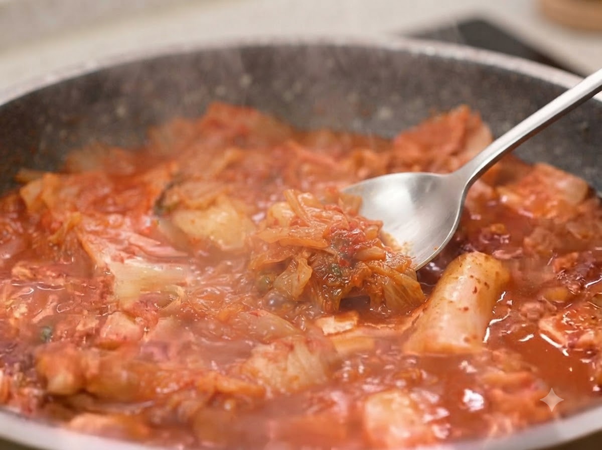 다진 마늘과 진간장을 팬에 넣고 김치, 돼지고기와 철저히 섞는 모습.
