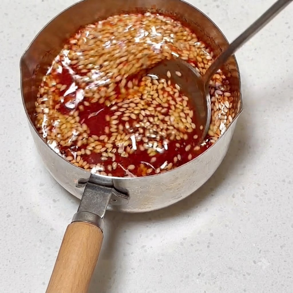 금속 냄비 안에서 숟가락으로 소스 재료들을 섞고 있는 모습.
