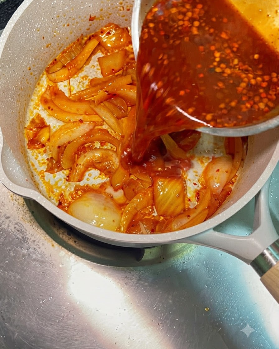 은색 볼에 담긴 붉은 양념 소스가 양파와 김치가 볶아지는 팬에 부어지는 모습.