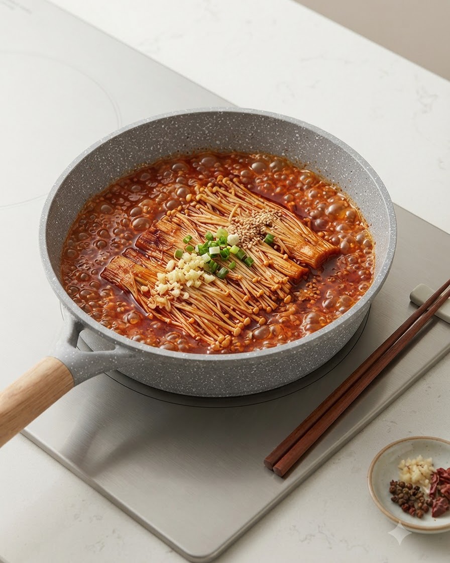 보글보글 끓는 붉은 육수 중앙에 팽이버섯, 다진 마늘, 참개가 올려진 모습.
