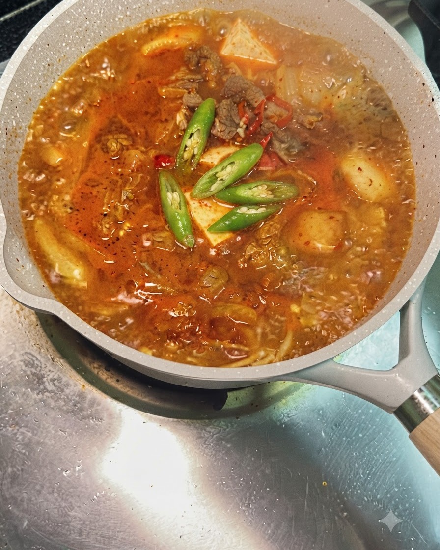 송송 썬 청고추와 홍고추가 김치 소고기 찌개 냄비 위에서 보글보글 끓고 있는 모습.