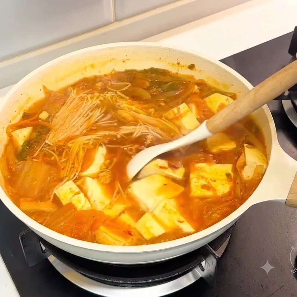가스레인지 위에서 끓고 있는 찌개를 하얀 국자로 젓는 모습.