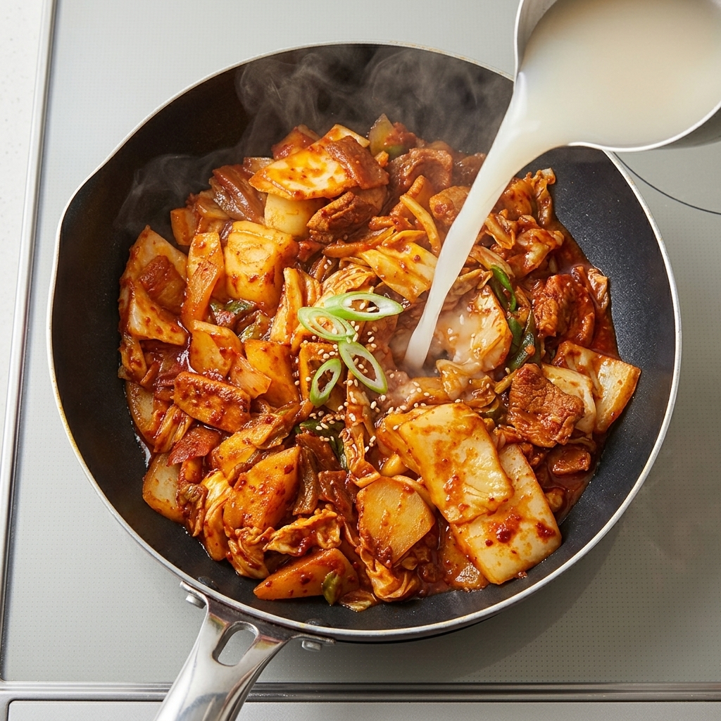 김치와 소고기가 볶아지고 있는 보글보글 끓는 팬에 쌀뜨물을 붓는 모습.