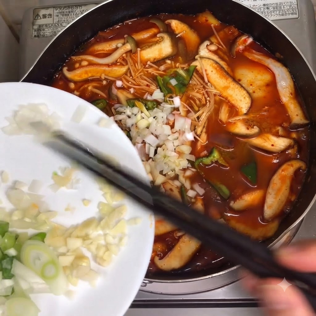 젓가락을 이용해 하얀 접시에 담긴 다진 마늘과 대파를 끓고 있는 찌개 냄비에 털어 넣는 모습.