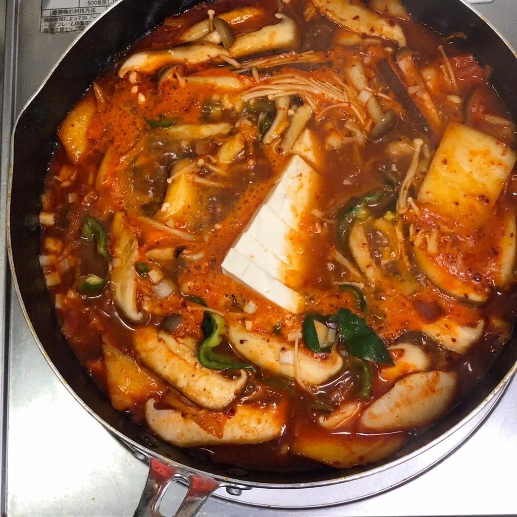 하얀색 단단한 두부 슬라이스를 끓는 빨간 김치찌개 냄비 중앙에 조심스럽게 놓는 모습.