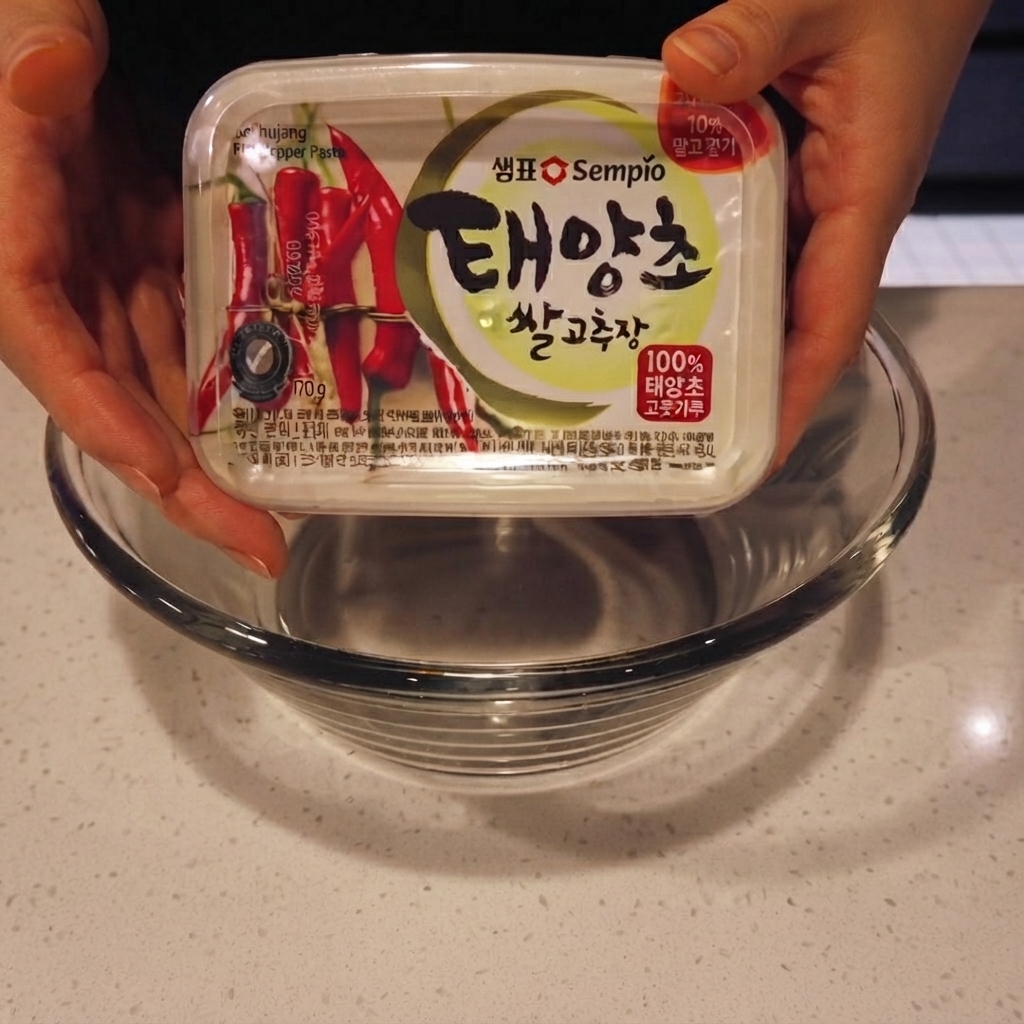 유리 믹싱 볼에 숟가락으로 고추장을 덜어 담는 모습.