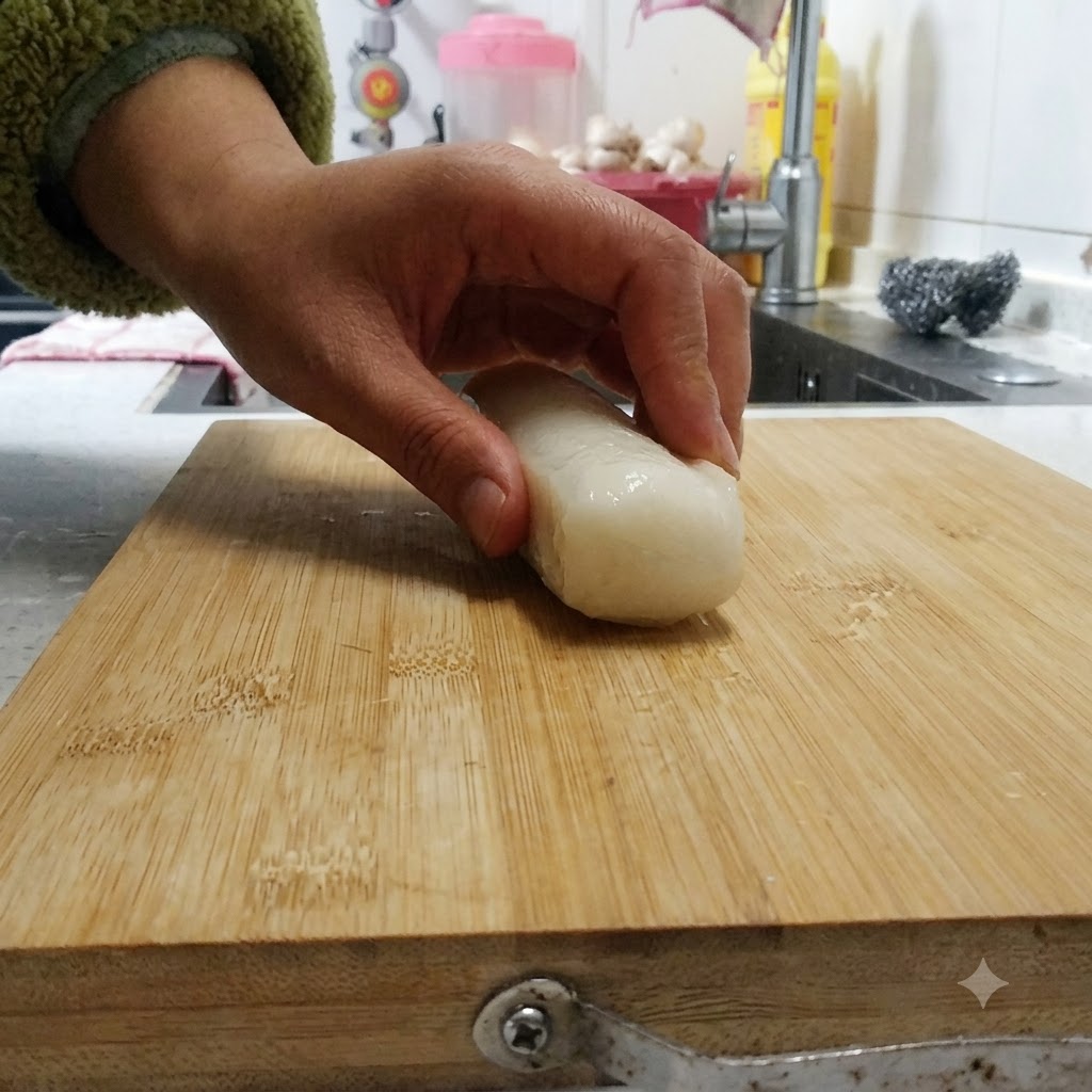 무거운 주방 칼을 사용하여 나무 도마 위에서 가락떡을 고르게 썰고 있는 클로즈업 뷰.
