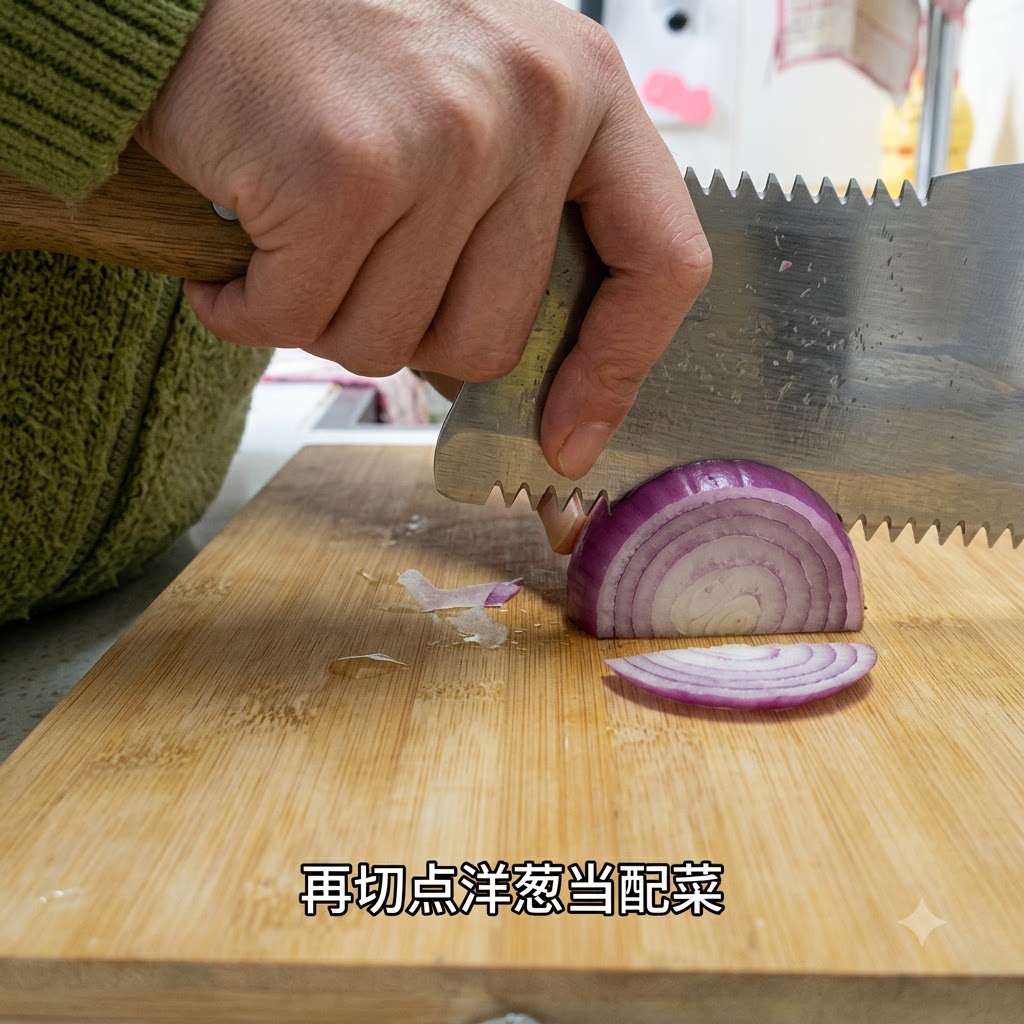 칼을 이용해 나무 도마 위에서 적양파를 얇게 채 썰고 있는 모습.