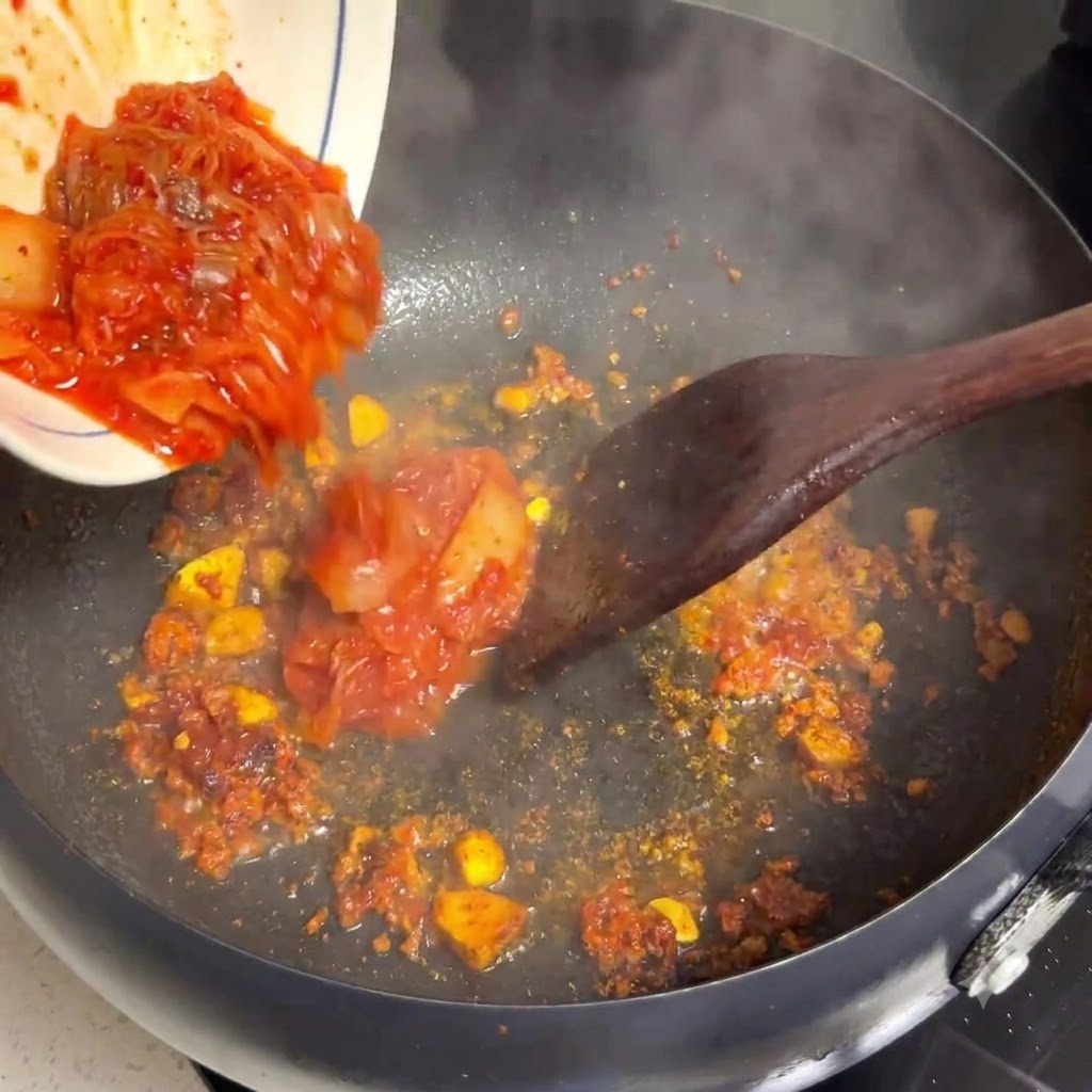토마토와 양파가 있는 팬에 얇게 썬 생고기가 들어가고 있는 모습.