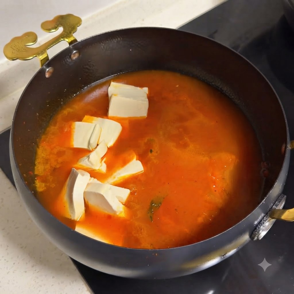 소고기와 토마토가 담긴 팬에 진한 소스가 부어지는 모습.