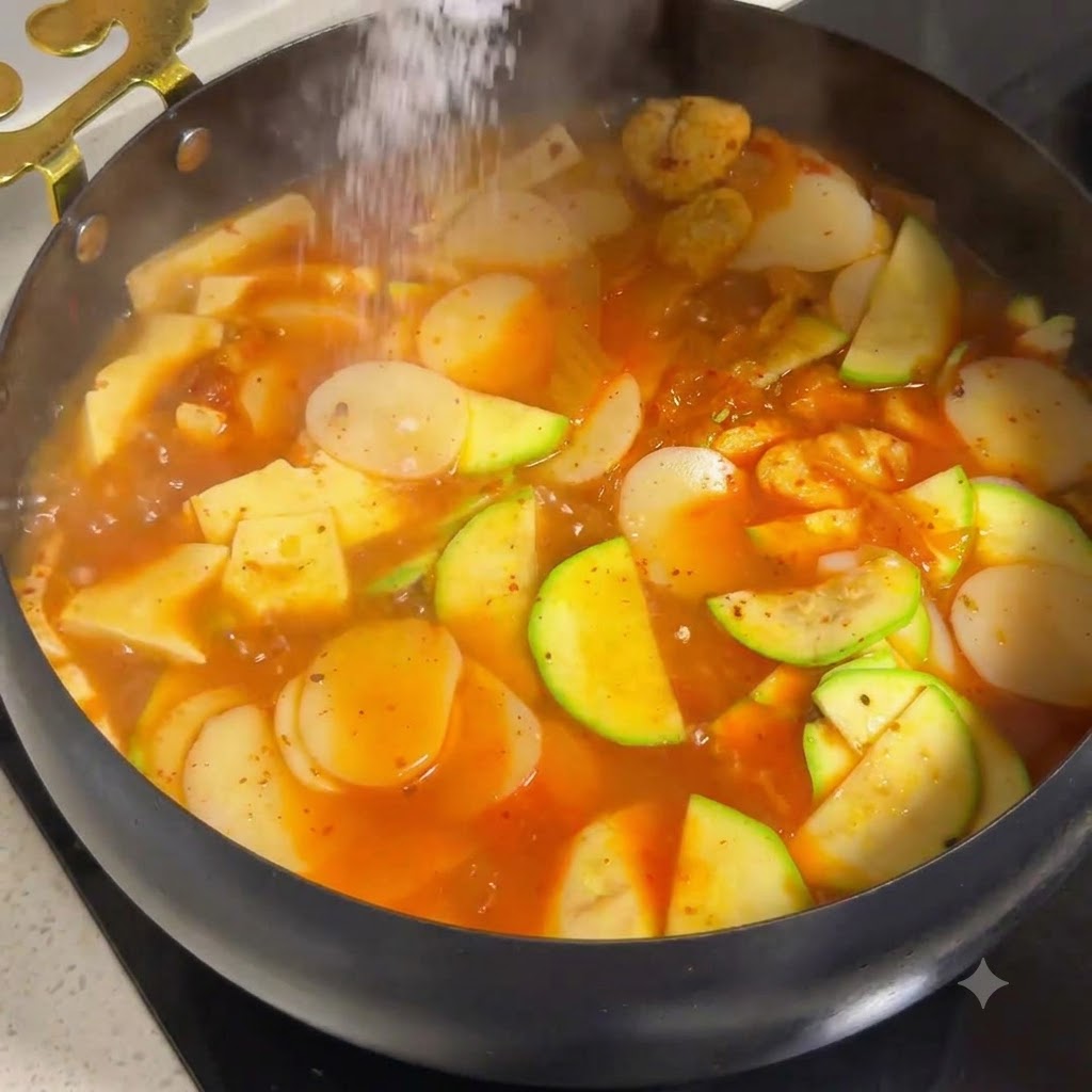 스킬렛 중앙에 흰쌀밥을 채운 그릇을 뒤집어 놓은 모습.